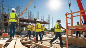 Construction workers collaborating on a large building project in Elkhart, Indiana, with scaffolding, cranes, and bright sunshine highlighting the bustling work environment.