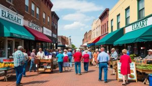 Vibrant farmers market in downtown Elkhart, Indiana, featuring colorful storefronts, fresh produce stands, and a lively crowd enjoying the local atmosphere.