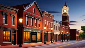 Charming downtown Elkhart, Indiana at dusk, showcasing historic brick buildings, a clock tower, and warm glowing streetlights along a quiet street.