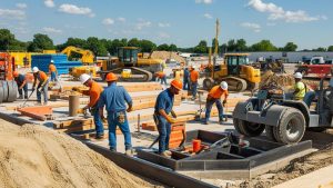 Active construction site in Elkhart, Indiana with workers in safety gear assembling a project surrounded by heavy machinery and equipment.