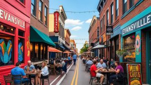 Downtown Evansville, Indiana, vibrant outdoor dining area with people enjoying meals at local restaurants, surrounded by colorful storefronts and lively atmosphere.