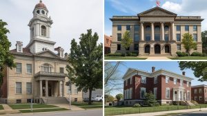 Collage of historic architecture in Evansville, Indiana, featuring iconic landmarks such as the Old Vanderburgh County Courthouse and other classic buildings with rich heritage.