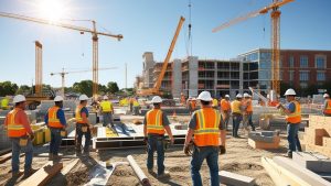 Construction crew working on a development project in Evansville, Indiana, with cranes and partially completed buildings in the background, reflecting the city's growth and modernization.