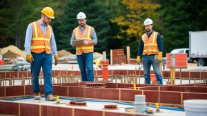 A team of construction professionals conducting a site inspection in Gaithersburg, Maryland, with visible safety gear and a structured work area in progress.