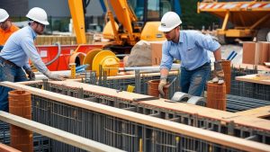 Construction workers at a site in Gaithersburg, Maryland, collaborating on a project, highlighting teamwork and urban development.