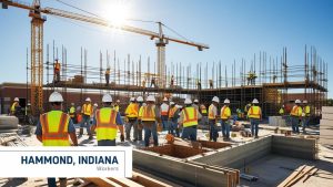 Team of construction workers in Hammond, Indiana, collaborating on a major infrastructure project under bright sunlight.