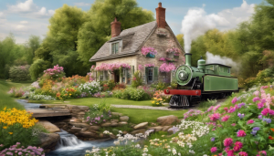 Charming countryside cottage surrounded by colorful flowers and a stream, with a vintage green train nearby in Hanover Park, Illinois.