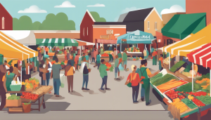 Vibrant farmers market in Hanover Park, Illinois, with people shopping for fresh produce, colorful vendor tents, and a community atmosphere.