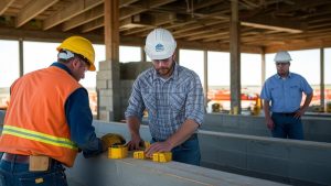  group of builders measuring and preparing construction materials indoors on a construction site in Hutchinson, Kansas, showcasing precision and professional collaboration.