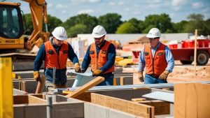 Construction workers at a job site in Hutchinson, Kansas, collaborating on a project while wearing safety vests and helmets, highlighting teamwork and safety in the construction industry.