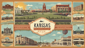 Vintage-style illustration of landmarks and attractions in Hutchinson, Kansas, featuring iconic buildings, hot air balloons, and community spaces, representing the city's cultural heritage and charm.