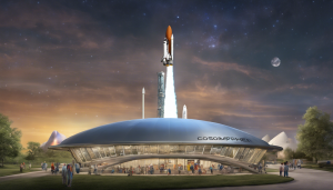 A futuristic space exhibit featuring a space shuttle launch at the Cosmosphere in Hutchinson, Kansas, illustrating the city’s connection to space exploration and innovation.