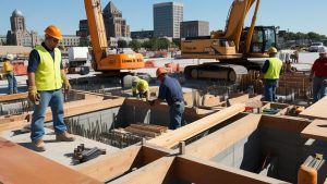 A busy construction site in downtown Iowa City, Iowa, with workers, heavy machinery, and urban buildings in the background under a clear sky.