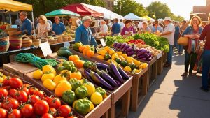 A bustling farmers market in Iowa City, Iowa, showcasing colorful fresh vegetables like tomatoes, peppers, and eggplants, with vibrant vendor stands and a lively crowd in the background.