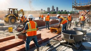 Construction workers laying bricks on a sunny day in Jeffersonville, Indiana, with a backdrop of cranes and the city skyline in the distance.