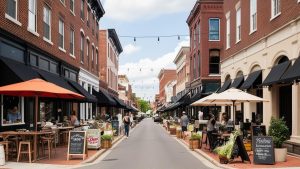 Downtown Jeffersonville, Indiana, showcasing a vibrant pedestrian street lined with historic red-brick buildings, outdoor cafes, and local shops under sunny skies.