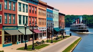 Colorful historic storefronts along the riverfront in Jeffersonville, Indiana, with a scenic view of a classic steamboat cruising on the Ohio River.