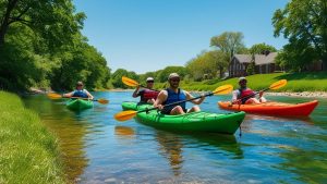 Group of people kayaking along a peaceful river surrounded by lush green trees in Lafayette, Indiana, enjoying outdoor recreation on a sunny day.