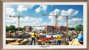 Framed image of an active construction project in Lafayette, Indiana, with workers, cranes, and new buildings taking shape under a sunny sky.