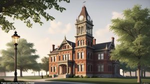 Historic Tippecanoe County Courthouse in Lafayette, Indiana, showcasing its ornate architecture, clock tower, and well-maintained grounds under a clear sky.