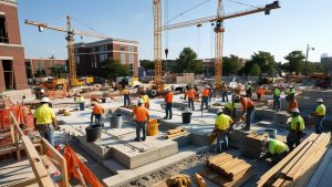 Busy construction site in Lafayette, Indiana, featuring workers in safety gear, cranes, and partially completed structures under a bright blue sky.