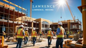 Construction workers at a building site in Lawrence, Indiana, collaborating under a bright blue sky with cranes and scaffolding framing a developing commercial structure.