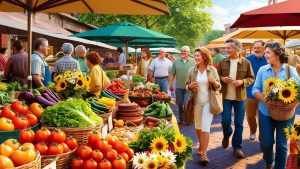 A vibrant farmers' market in Lawrence, Indiana, featuring colorful fresh produce like tomatoes, cucumbers, and sunflowers, with cheerful vendors and shoppers enjoying the sunny day.