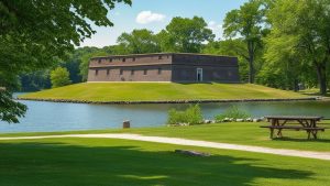 The historic fort in Lawrence, Indiana, surrounded by lush greenery, a serene lake, and picnic tables, offering a peaceful outdoor destination.