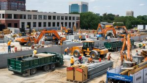 Active construction site in Lawrence, Indiana, showcasing heavy machinery, workers in safety vests, and urban development projects against a backdrop of modern buildings.