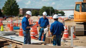 Team of engineers and contractors discussing project details on-site in Lawrence, Kansas, surrounded by construction equipment and materials.