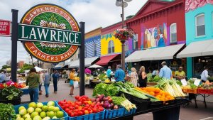 Vibrant Lawrence Farmers Market showcasing fresh fruits, vegetables, and colorful storefronts in downtown Lawrence, Kansas.