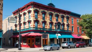 Historic downtown building in Lawrence, Kansas, featuring striking red and green architectural accents and a sign for the Armoire antique shop.