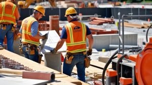 Construction workers reviewing blueprints at an active construction site in Lawrence, Kansas, highlighting the city's growing infrastructure.