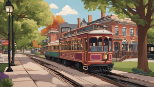 A vintage streetcar rolling through a charming neighborhood in Lombard, Illinois, surrounded by trees, historic buildings, and a well-maintained street.