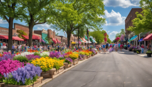 Downtown Lombard, Illinois, featuring colorful flower arrangements along a lively street lined with shops and visitors enjoying a sunny day.