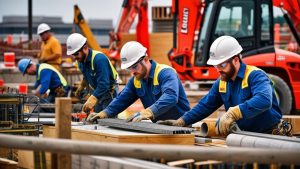 Construction workers in safety gear assembling rebar and working on a construction site in Louisville, Kentucky, with heavy equipment in the background.