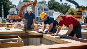 Three construction professionals in hard hats and safety gear reviewing project plans at an active construction site in Lowell, Massachusetts. Cranes and equipment are visible in the background, highlighting ongoing development.