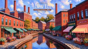 Vibrant illustration of Lowell, Massachusetts, featuring historic red brick mill buildings, a scenic canal, and colorful market shops with striped awnings. A picturesque view of Lowell National Historical Park.