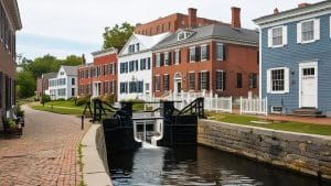 A serene view of Lowell, Massachusetts, showcasing well-preserved historic homes with colonial architecture, a canal lock, and cobblestone pathways, representing the city’s rich industrial past.