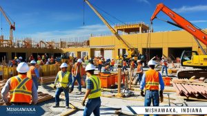 Large-scale construction project in Mishawaka, Indiana, with workers, cranes, and equipment building a commercial structure on a sunny day.