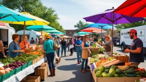 Vibrant farmers market in Mishawaka, Indiana, featuring colorful produce stands, shoppers, and bright umbrellas under a sunny sky.