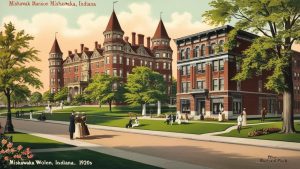 Historic Mishawaka Mansion in Mishawaka, Indiana, depicted in a vintage postcard style, showcasing elegant 1920s architecture and lush greenery.