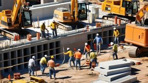 Construction workers at a Mishawaka, Indiana job site, actively building a structure with heavy machinery and teamwork under clear blue skies.