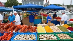 Fresh seafood market in New Bedford, Massachusetts, featuring lobsters, clams, and a variety of colorful spices and produce, with boats docked in the background.