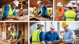 Construction workers in New Bedford, Massachusetts, wearing safety gear while actively working on a wood-framed building project, representing skilled labor and development.