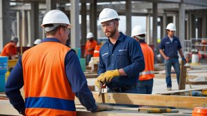 Construction professionals in New Orleans engaged in a collaborative discussion on a job site, wearing protective gear and surrounded by tools, wooden beams, and a partially constructed building.