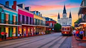 A colorful New Orleans street scene featuring the iconic St. Louis Cathedral, a historic streetcar, and lively French Quarter buildings lit at sunset with street musicians performing.