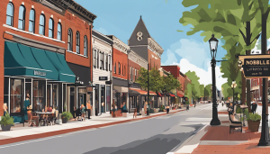 Charming downtown Noblesville, Indiana, featuring historic brick buildings, vibrant storefronts, and a lively streetscape with outdoor diners.