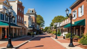 Charming street in Orland Park, Illinois, featuring historic-style buildings, brick-paved sidewalks, and classic lampposts under a clear blue sky.