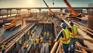 Engineers overseeing construction progress at a busy Owensboro, Kentucky, site with cranes, steel beams, and scaffolding under a sunny sky.